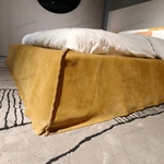 Warm Yellow Suede Upholstered Bed with Minimalist Half-Slat Back Panel & Skirted Base